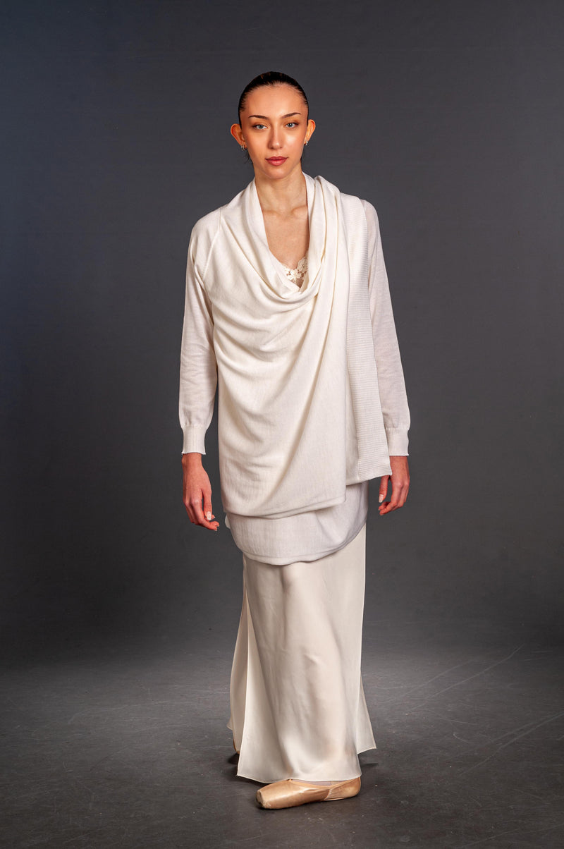 White bridal cardigan in 100% pure virgin wool worn draped