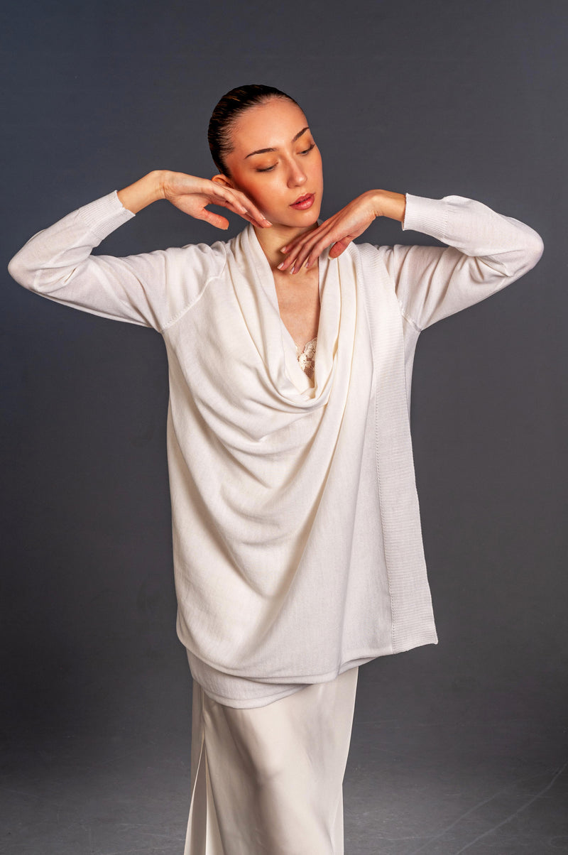 Close-up view of the front drape of the Manuela long bridal cardigan