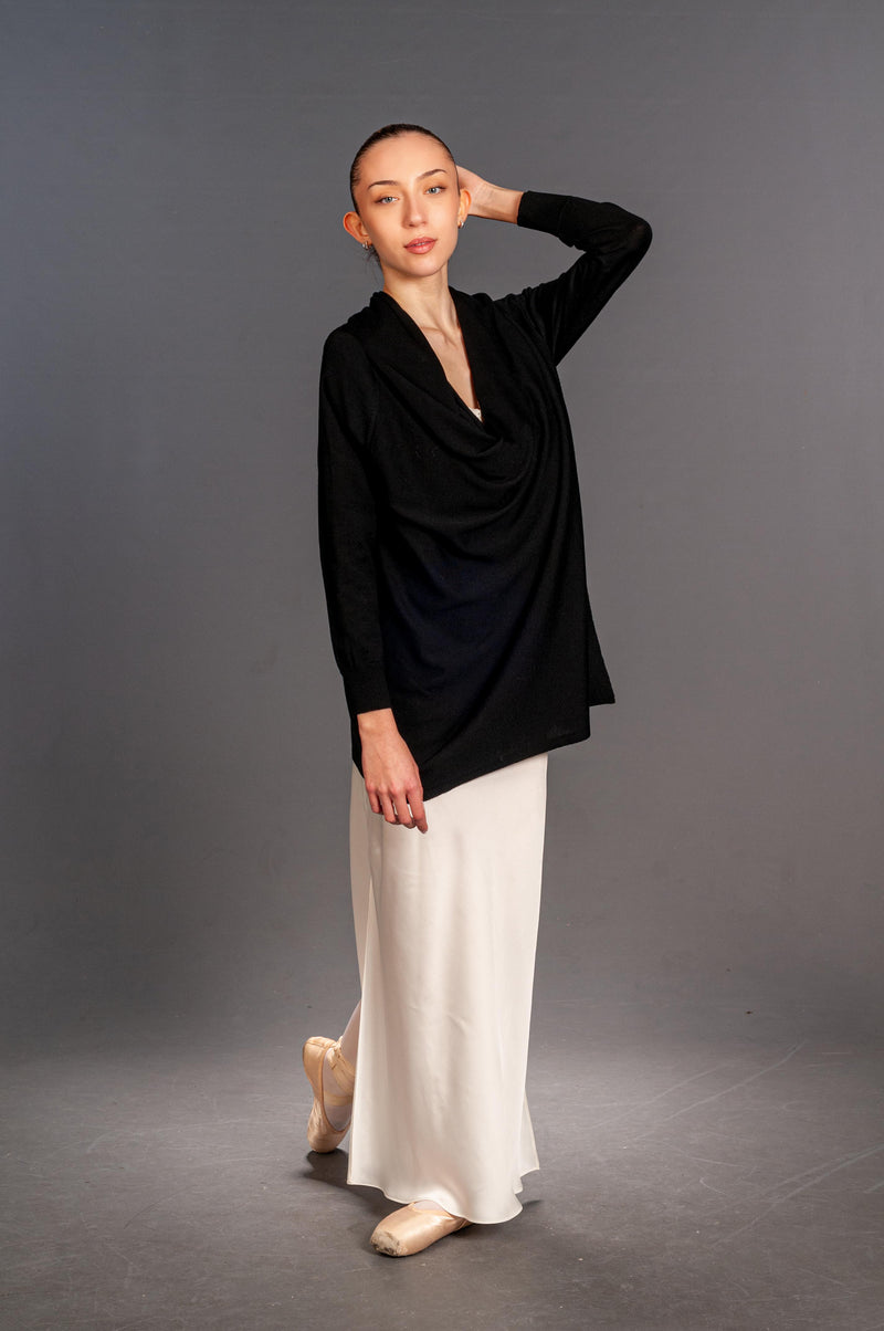 Front and full-length view of Manuela cardigan worn double and draped