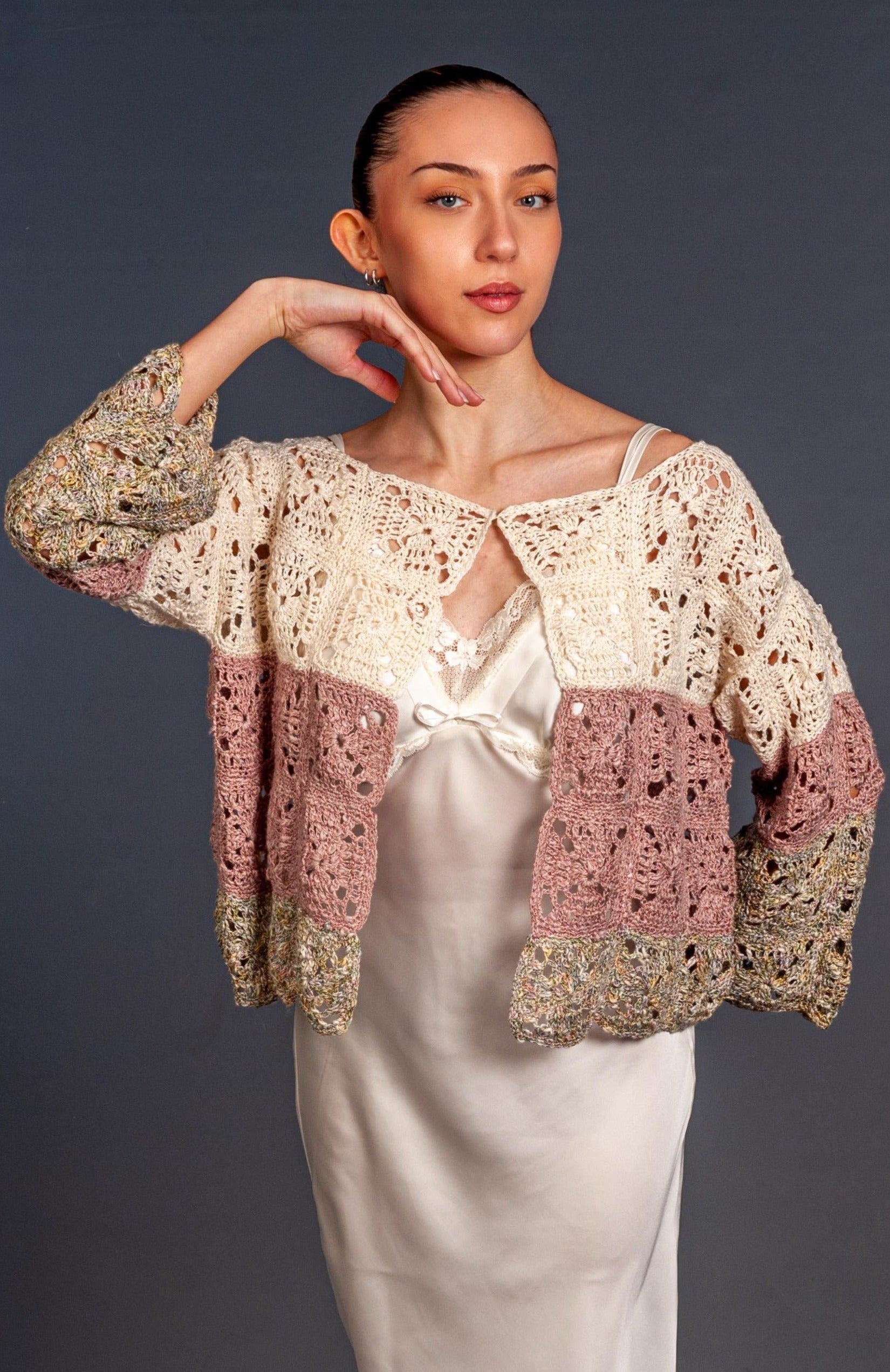 Pink green and cream crochet tile kimono jacket