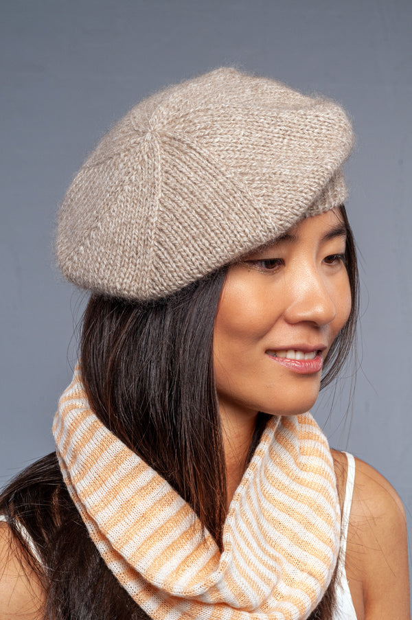 beige and peach cashmere and mohair striped collar paired with beige melange cashmere beret