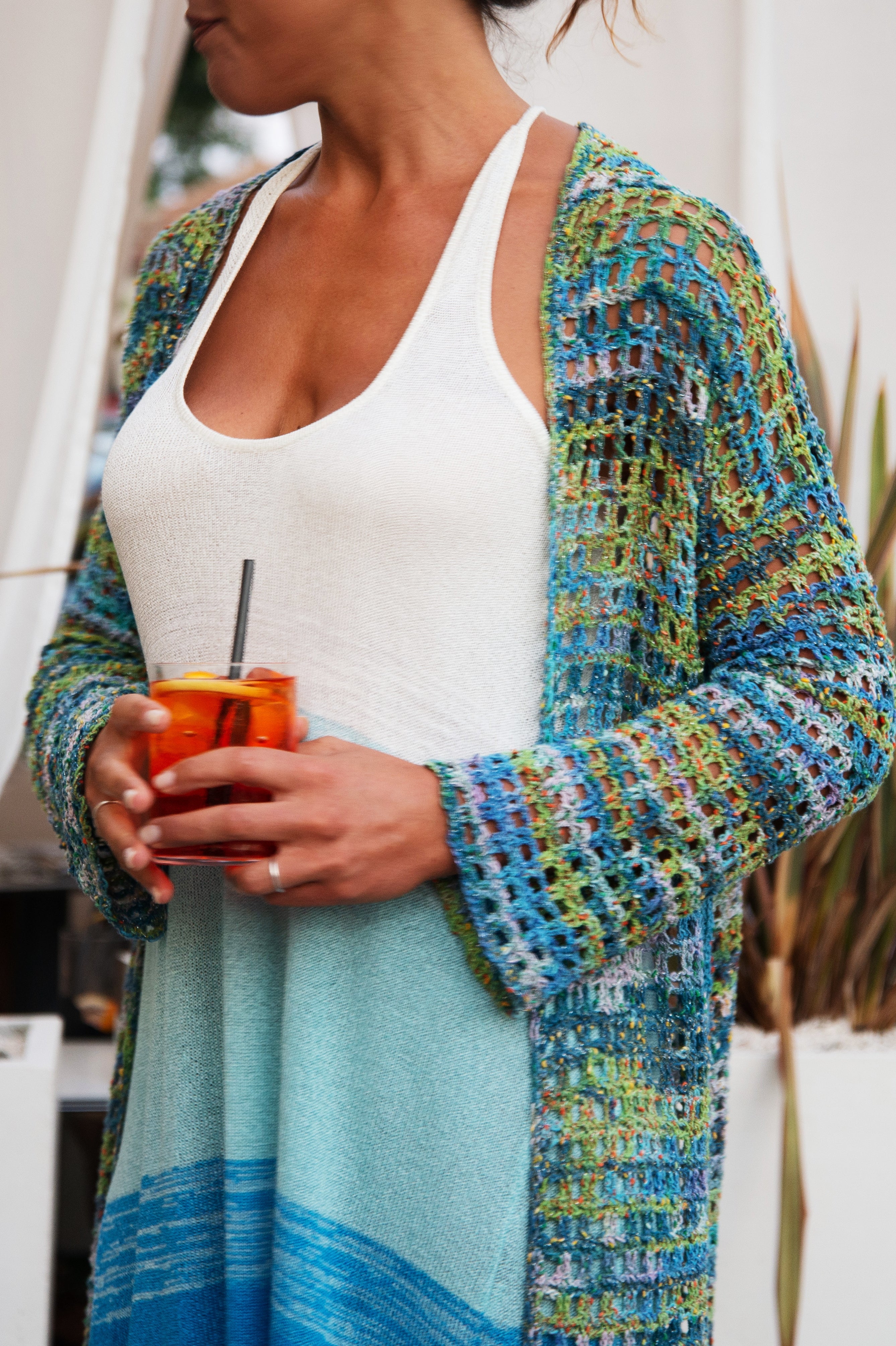 long turquoise green and orange crocheted cardigan