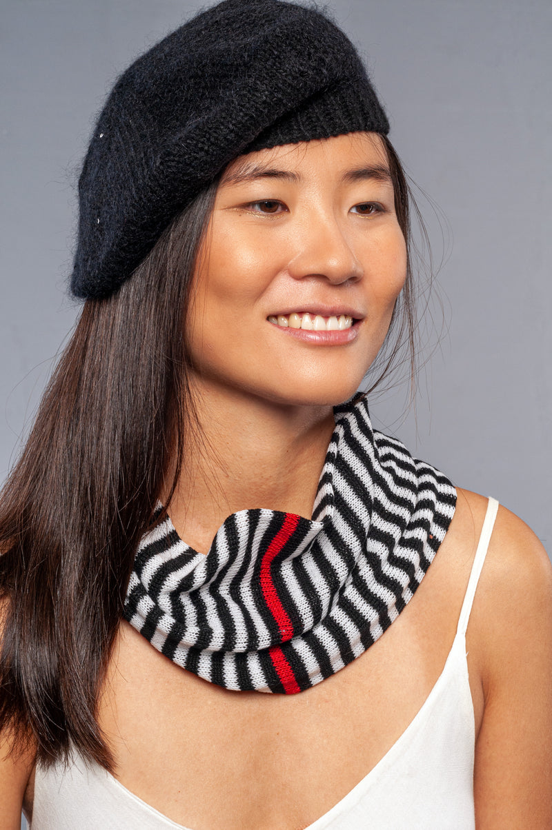 striped cashmere collar paired with black cashmere beret