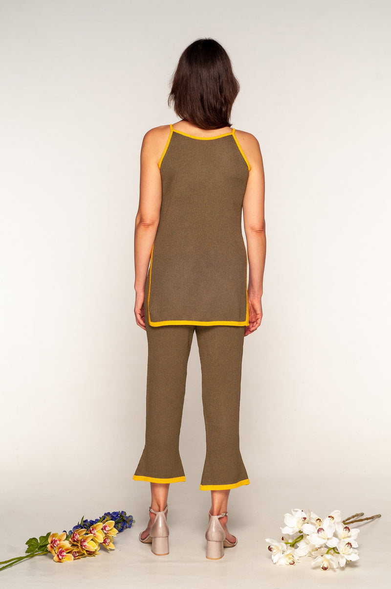 view back of long American neckline sweater olive green color edged in yellow