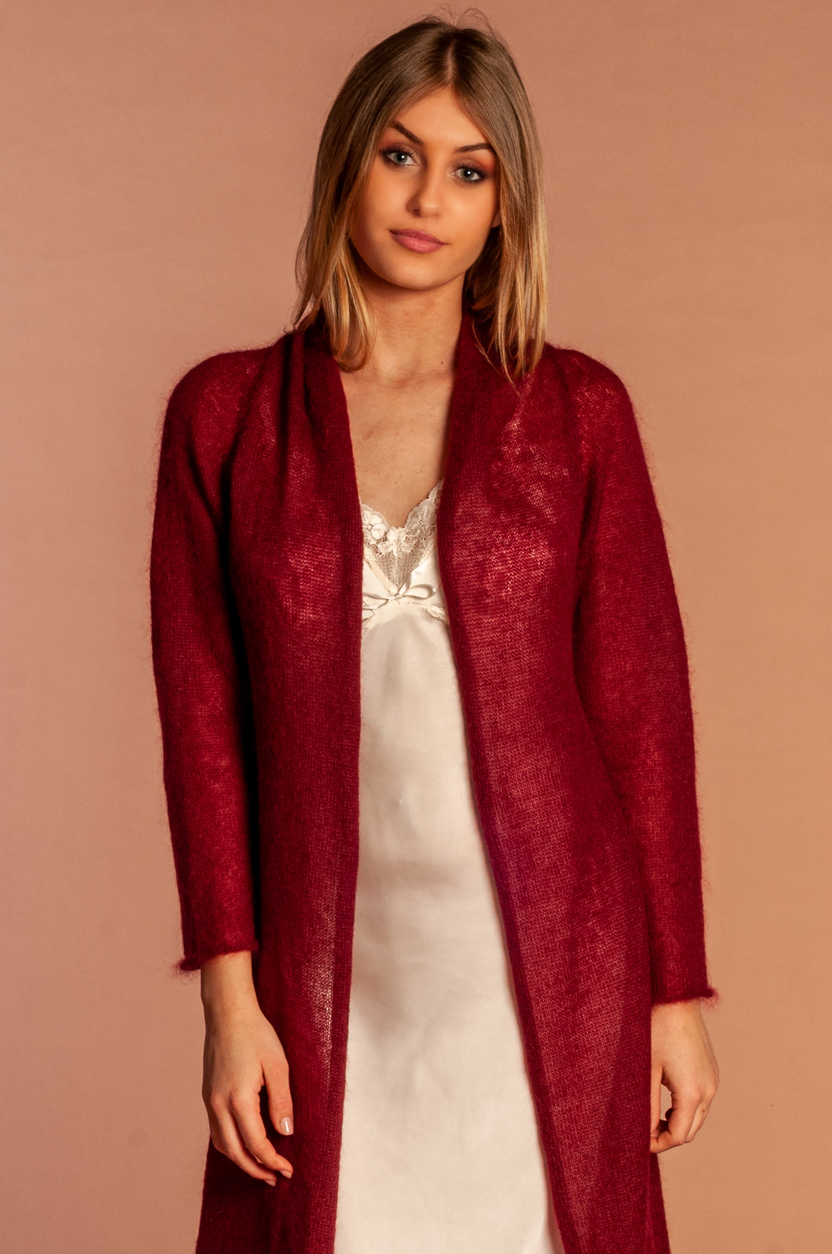 burgundy mohair and silk Mela Wedding long cardigan