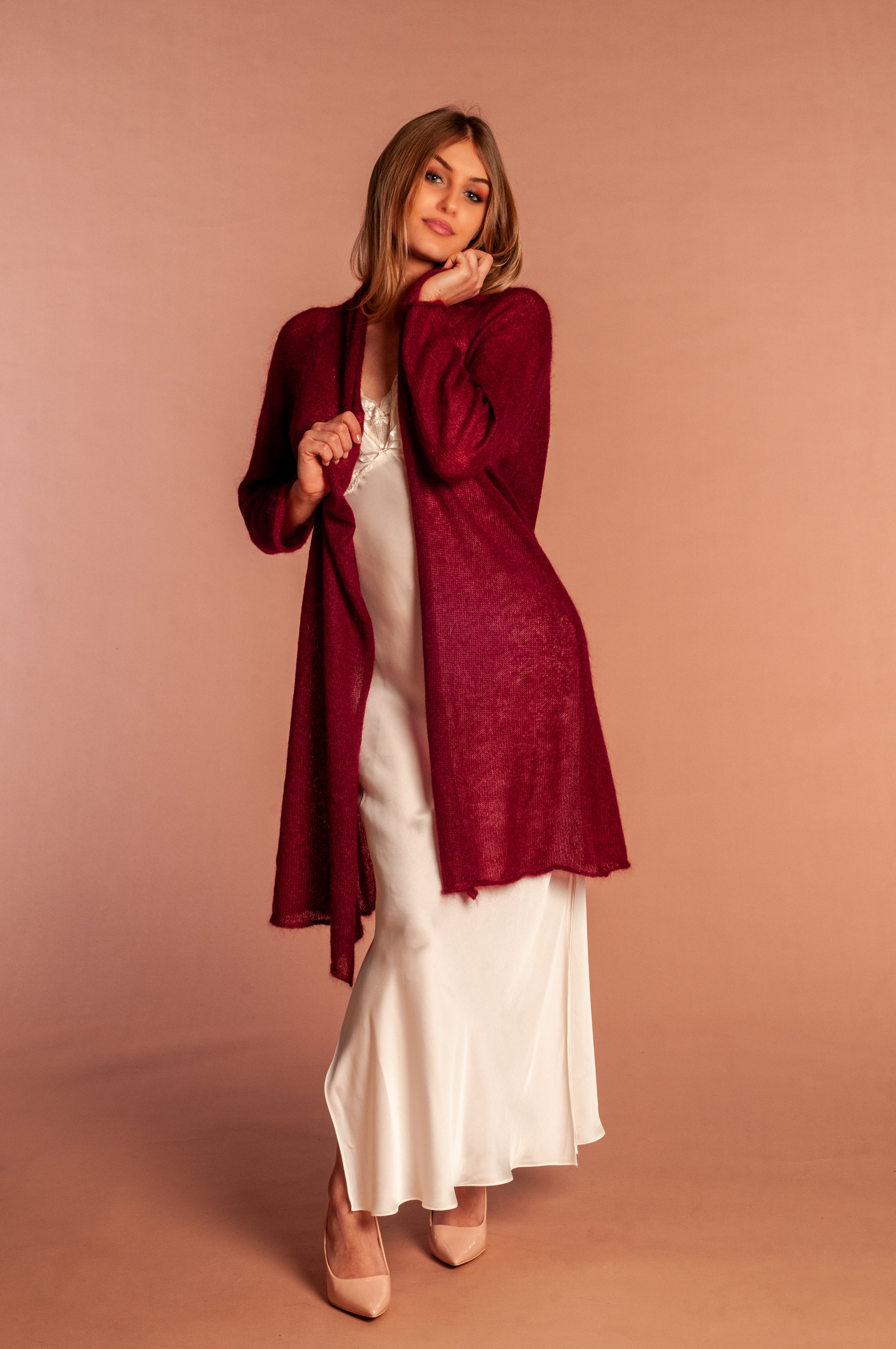 softness and elegance of the long mohair and silk Mela Wedding cardigan