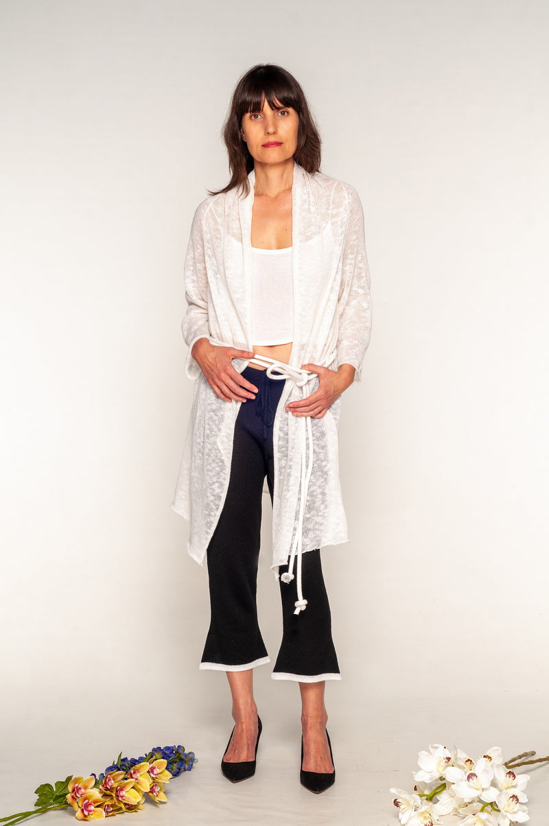 Long white linen and cotton cardigan duster with belt