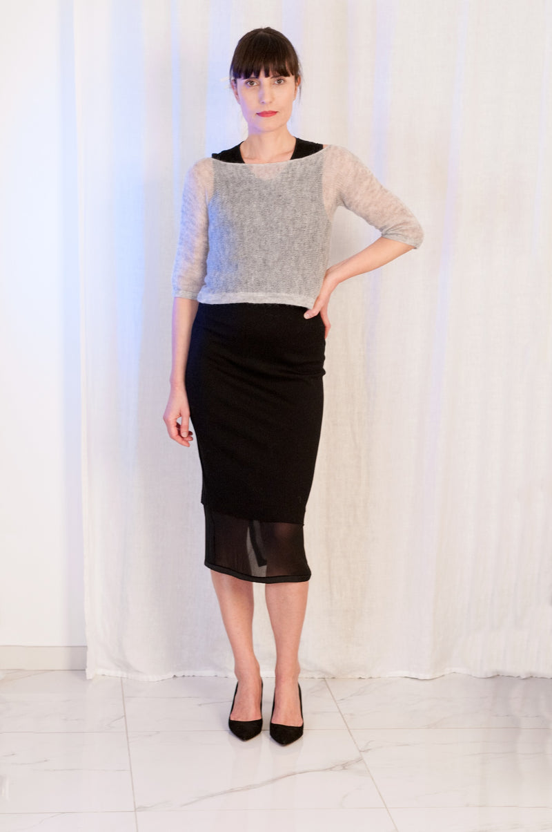 short, close-fitting sweater of transparent mohair and pearl gray silk