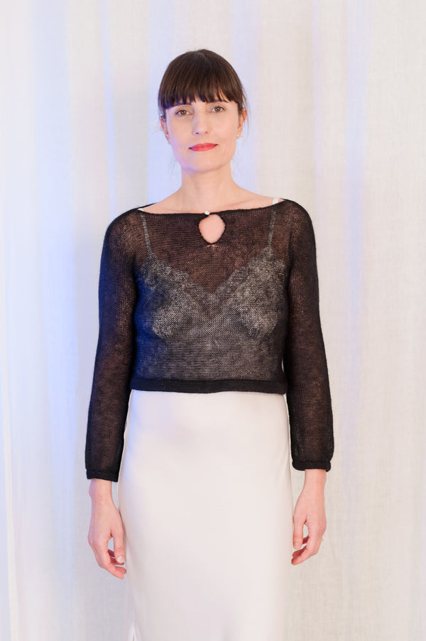 Black Top with Mohair Longuette Sleeves and Swarovski Crystal Button