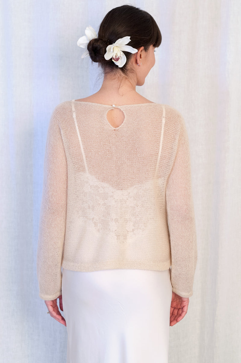 Nude Color Top with Mohair and Lurex Long Sleeves and Swarovski Crystal Button